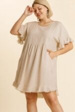 Umgee Short Linen Blend Dress in Oatmeal - Image 4